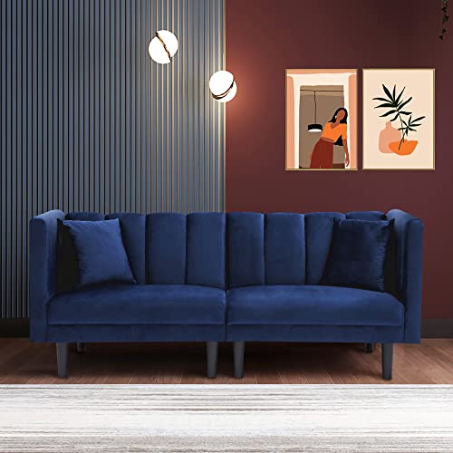 Lch Convertible Velvet Futon Bed, Modern Sleeper Sofa With 2 Pillows, 3 Adjustable Angles For Backrest,Living Room Couch With 7 Sturdy Metal Legs,Upholstered Loveseat For Home,Office,Navy Blue #TOP9