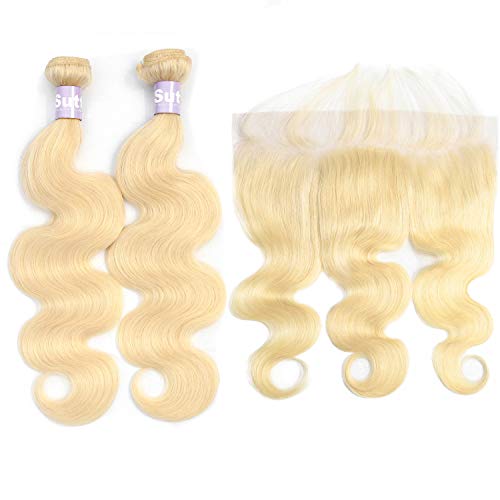 Suttie 613 Platinum Blonde Body Wave Real Hair Single Bundles Pre Plucked Human Hair Closure with Baby Hair 613JZH (6J1214+10, blonde)