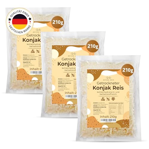 AVIDA ZEN Konjak Reis, Zero und kohlenhydratarm, Shirataki kalorienarm, Konjakreis getrocknet 3x210g ballaststoffreich Keto freundlich, glutenfrei und vegan, Konjac rice wenig Kalorien