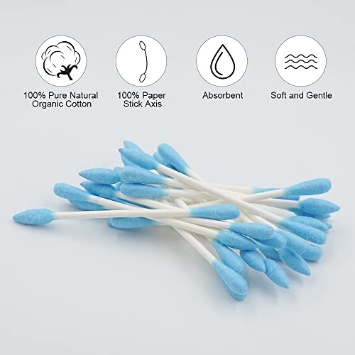 Image of Blue Cotton Swabs Precision Pointed - 400 Count Pointy Organic Cotton Buds Double Side Tightly Wrapped Cotton Tips Paper Stick Soft Gentle Lint-Free Cruelty-Free, Pointy & Round (Blue)