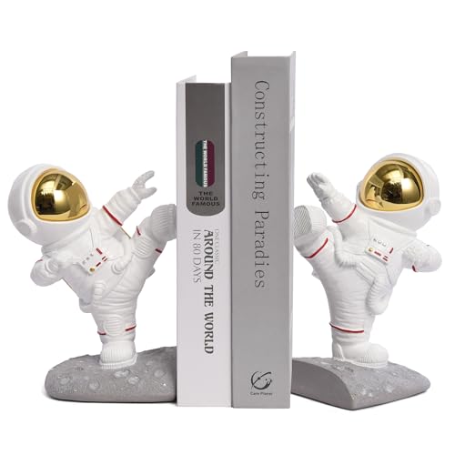 Image of Kakizzy Book Ends for Shelves Decorative, Upgraded Astronaut Bookshelf Stopper Resin Book Shelf End Holders Heavy Duty Bookends for Kids Gifts Cute Spaceman Book Ends for Space Decor(F2-Gold)