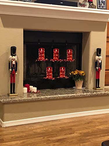 Kitch Aroma Flameless Candles 5"5" 6" 6"6"Set Of 5 Burgundy Real Wax Pillars Red Flameless Candles With Realistic Dancing Led Flames, With Embedded String Lights For Christmas Party Home Decorations #TOP4