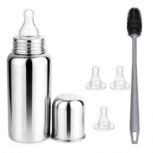 Image of Stainless Steel Baby Feeding Bottle, 250ml, BPA Free, with 3 Silicone Nipples and Cleaning Brush, Anti Colic, for Infants 0-2 Years