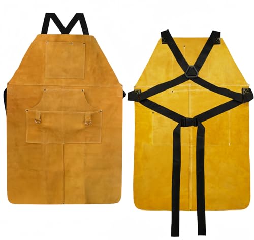 Senvitate Cowhide Leather Welding Apron for Men, Heat & Flame Resistant Bib Apron Tools Apron (Yellow-2)