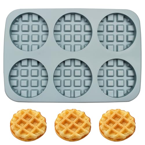 Fchil Silicone Waffle Molds Pan, 6-Cavity Round Non-Stick Baking Mold Tray for Muffin Biscuit Chocolate Dessert, Gray, 9.9 x 6.7 x 0.8 inches