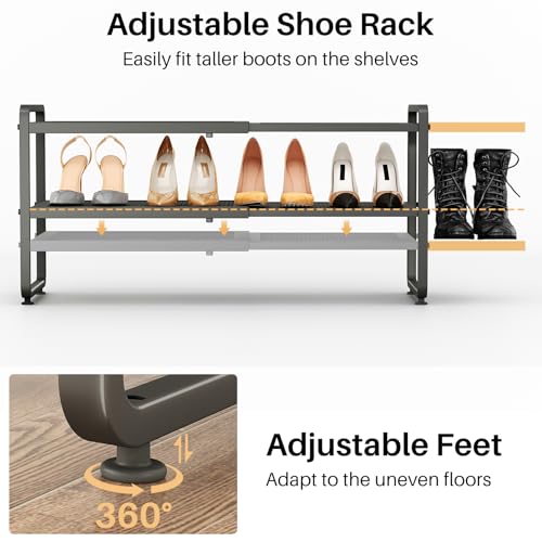 Image of SNTD Shoe Rack - Expandable Shoe Organizer for Closet, Adjustable Metal Shoe Shelf Storage, Stackable Long Shoe Stand Holder for Garage, Entryway, Door Entrance (Grey, 2-Tier)
