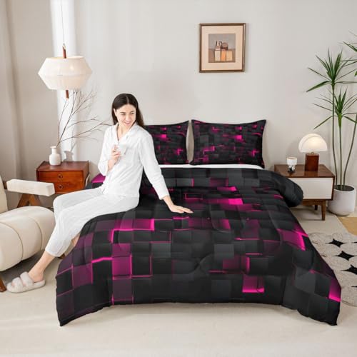 Image of Erosebridal Black Hot Pink Comforter Set Full Neon Geometric Checkered Bedding Set for Girls Teen Women Abstract Stereoscopic Grids Quilt Square Plaid Bed Set 3 Pcs Gamer Room Decor