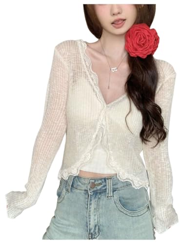 GORGLITTER Women's Button Up Cropped Cardigan Open Front Lightweight Long Sleeve Lace Coquette Sweater