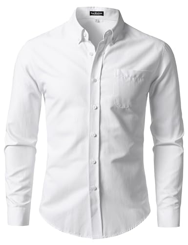 LucMatton Mens Lightweight Oxford Long-Sleeve Button-Down Shirt Business Casual Slim-fit Dress Shirts with Pocket White Large
