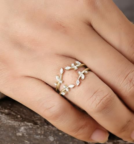 Gold Leaf Ring Enhancer for Women, Marquise and Round CZ Ring Guard, Double Band Nature-Inspired Ring Wrap, Bridal Solitaire Jacket, Custom Ring Insert2