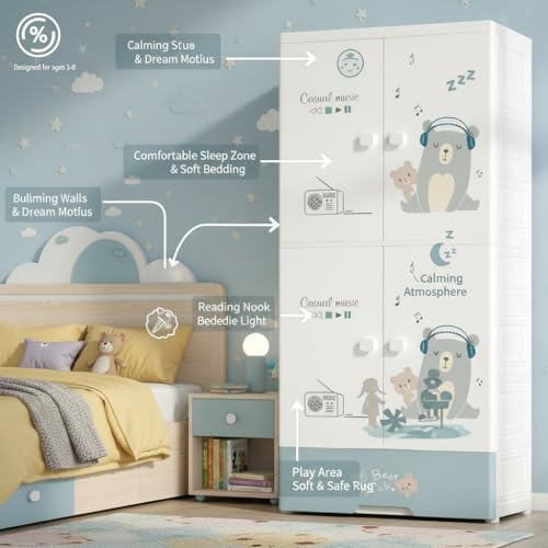 Image of EXVITO Plastic Wardrobe for Cloth with Drawers & Hanging Rod | Baby Cupboard for Clothes Storage | Foldable Collapsible Plastic Almirah for Kids | Cartoon Design Cabinet for Bedroom (Bear, 5 Door)