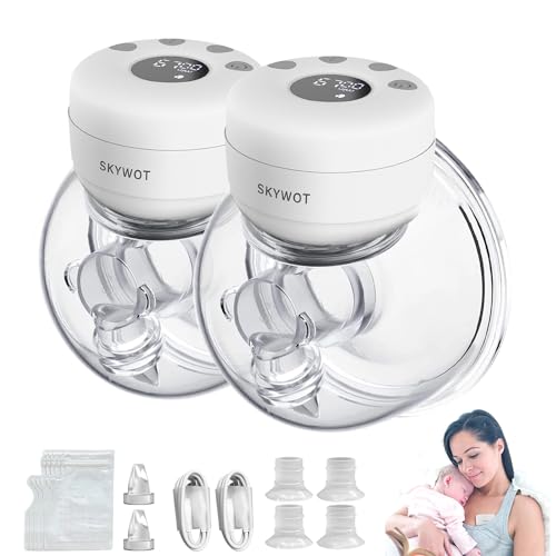 Image of SKYWOT Breast Pump Hands-Free, Wearable Breastfeeding Pump with 2 Modes & 9 Levels, Double Electric Pump Portable, Smart Display, 21/24/27mm (Double), Elegant White