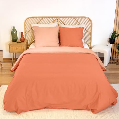 CÔTE DECO Parure de Lit Adulte - Housse de Couette 220x240 cm + 2 Taies d'oreiller 63x63 cm - 100% Coton Bicolore Orange Uni - 3 Pièces