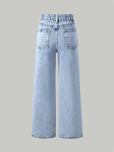 renvena Kids Girls Casual Denim Pants Letter Print Elastic Waistband Wide-Leg Jeans with Fashion Pockets4