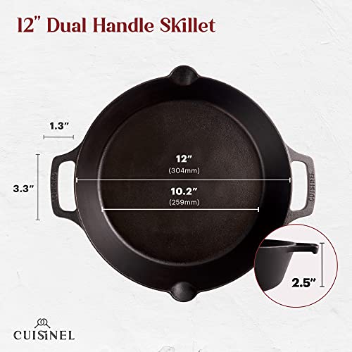 Image of Cast Iron Skillet - 12 inch-Inch Dual Handle Frying Pan + Silicone Handle Holder Covers + Pan Scraper - Pre-Seasoned Oven, Grill, Fire, BBQ, Stovetop, Induction Safe Kitchen Cookware - Indoor /Outdoor Use