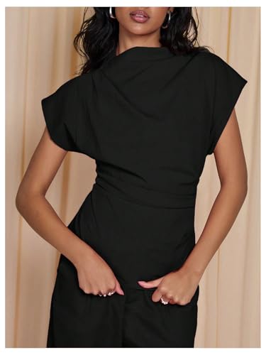 Floerns Women's Short Dolman Cap Sleeve Ruched Mock Neck Zipper Back Dressy Casual Tee Shirts3