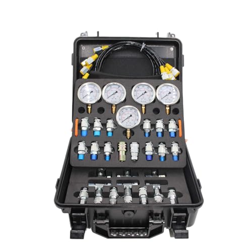 Image of Hydraulic Pressure Test Kit, 10 /100 /250 /400 /600bar, 150 /1500 /4000 /6000 /9000PSI, 5 Gauges 14 Test Couplings 14 Tee Connectors 5 Test Hoses, Hydraulic Gauge Kit with Sturdy Carrying Case for Excavator