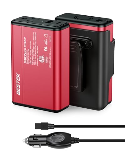 Image of BESTEK 150W Car Power Inverter 11V-17V for Tesla Truck RV, 30W USB C PD 18W USB A Charger, 12V DC to 110V AC Converter with Detachable Cigarette Lighter Cable, 10-Layer Protection, ETL Certified, Red