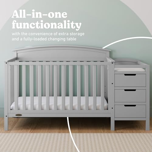 Image of Graco Benton 4-in-1 Convertible Crib and Changer, Pebble Gray | GREENGUARD Gold Certified, Baby Crib & Changing Table Combo, Includes Water-Resistant Changing Pad, Converts to Full-Size Bed
