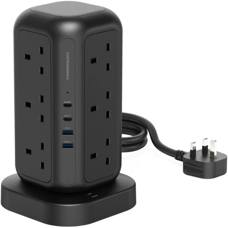 Powerology12 Socket Multi-Port Tower HUB/Charge 17 Devices At Optimal Speed 3M, GaN Technology, Dual USB-A QC3.0, 15W Fast Wireless, 3250W Peak Power, 45W PD, UK Plug