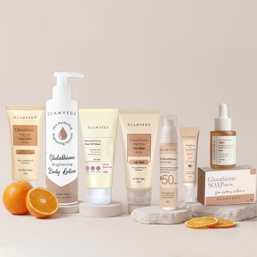 Image of Glamveda Glutathione 8-Step Skin Brightening Skincare Routine Kit for Radiant, Even-Toned Skin | Face Wash, Peel-Off Mask, Serum, Face Cream, Sunscreen, Under Eye Cream, Bath Soap & Body Lotion