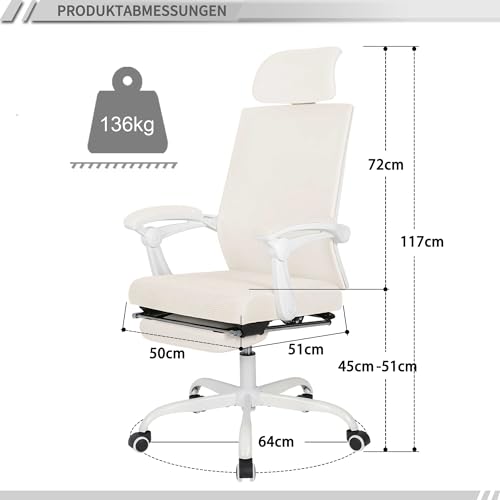 UEV Bürostuhl Ergonomisch mit verstellbare Fuß-/Lenden-/Kopfstütze, Schreibtischstuhl Drehstuhl Gaming Stuhl atmungsaktiv Mesh Stoff, höhenverstellbar neigbar bis 135° Beige