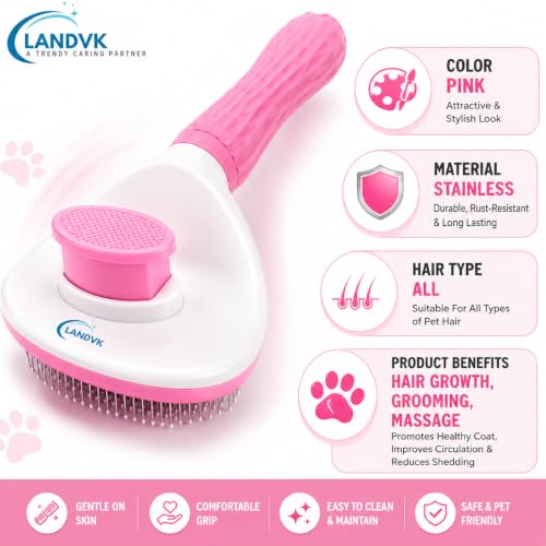 Image of LandVK Self Cleaning Slicker Brush for Dogs & Cats, Pet Grooming Shedding Brush, Easy Push Button Hair Removal, Removes Loose Undercoat, Mats & Tangles, Massage Comb for Long & Short Hair, Oval, Pink
