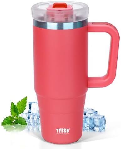 Tyeso 40 oz Tumbler with Handle, Straw and Lid - Leak Resistant Insulated Stainless Steel Water Bottle, Car Cup Holder Friendly Travel Coffee Mug Rose - Gifts for Men & Women