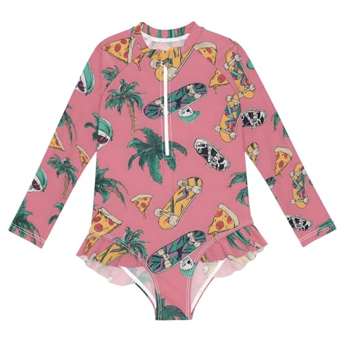 ALAZA Toddler Swimsuit Girl Bathing Suit Swimwear Rash Guard Skull Pizza Long Sleeve 3T