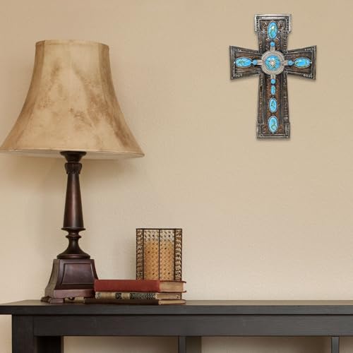 Cruz de pared turquesa de resina con relieve rústico ovalado 5
