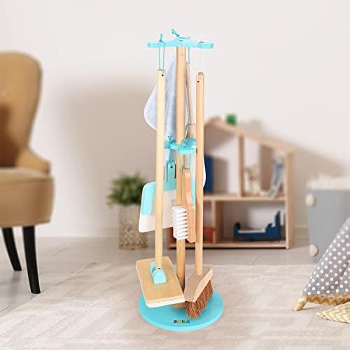 SOKA Wooden Toy Cleaning Kit Pretend Play Household Toy Set Includes Dustpan Broom Mop Brush Tool Kit Hanging Design Playhouse Games for Kids Little Girls Boys Ages 3 year old +