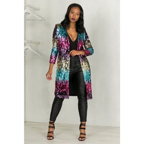 Image of Womens Colorful Sparkly Full Sequins Cover Ups Long Sleeve Open Front Sequin Cardigan Coat Jacket Party Clubwear (L) Multicoloured