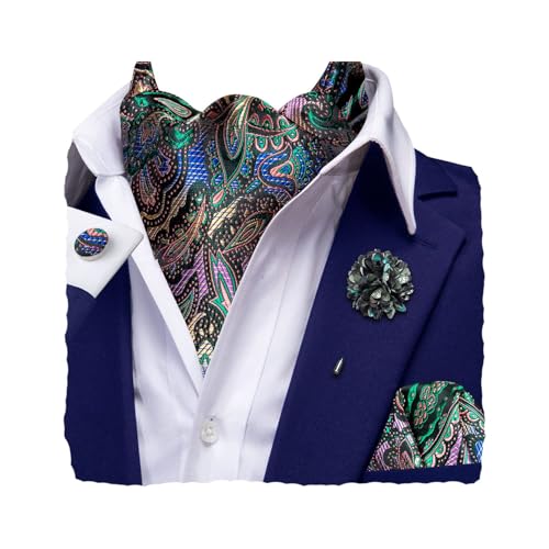 Image of Hi-Tie Silk Ascot for Men Self Tie Men's Cravat and Flower Lapel Pin Handkerchief Cufflinks Set for Wedding Party