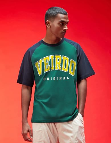 Image of Veirdo 100% Pure Cotton Oversized Loose Baggy Fit Drop Shoulder Round Neck Cool Front Chest Typographic Logo Printed Raglan Sleeve T-Shirt for Men (Colors: White, Black, Swanwhite, Beige & Grey)