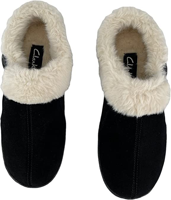 Clarks Womens Suede Leather Slipper with Gore and Bungee JMH2213 - Warm Plush Faux Fur Lining - Indoor Outdoor House Slippers for Women (Black Premium Suede, 8)3