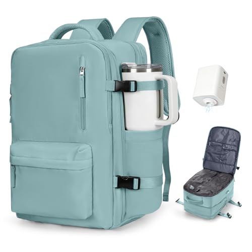 Image of Vacuum Backpack Travel with Pump Carry on Luggage Flight Approved Essentials Personal Item Travel Bag with Vacuum System Waterproof Compression Backpack for Women Men Mochila de Viaje Light Blue