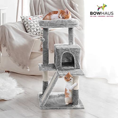 Image of BOWHAUS Tall Cat Tree for Indoor Large Cats or Kittens, Multi-Level Cat Activity Tree with Scratching Posts, Hammock, Cat Cave Condo, Modern Cute Small Cat Climbing Tower with Widened Perch