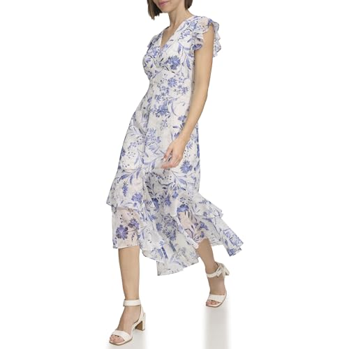 Image of Tommy Hilfiger Women's Flutter Sleeve V-Neck Ruffle Trim Hi-Lo Midi Dress