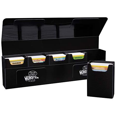 Monster Protectors Magnetic Five Deck Box - Black, Holds 375 Gaming TCGs, Self-Locking Closure, Compatible w Standard & Smaller Size Gaming Trading Cards, Removable Construction Cover