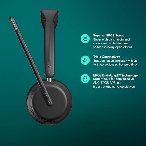 Image of EPOS IMPACT 1061T Professional Wiresless Bluetooth Headset - Dual-Sided, AI Voice Recognition, BrainAdapt Technology,Sound for High-Density Office Environments, Charging stand.