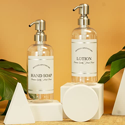 Clear Refillable Hand Soap and Lotion Dispenser Set for Bathroom Sink - PET Plastic Pump Bottles with Labels for Soap and Lotion - Waterproof Labels - 16 oz, 2 Pack (Stainless Steel)2