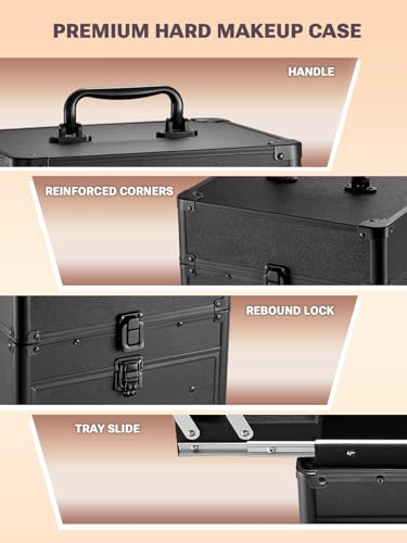 Qislee Makeup Box with Drawer and Four Trays, A Detachable Lighted Mirror, Waterproof Travel Train Case, Cosmetic Organizer and Makeup Suitcase with Magnetic LED Mirror(Black)