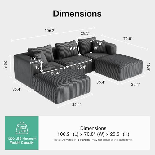 Image of Novilla 106 inch Modular Sectional Sofa, U Shape Cozy Sectional Couch, Modern Cloud Design with Smarts Coil Support, Boneless Sectional Couch for Living Room Apartment, No Assembly Required, Dark Gray