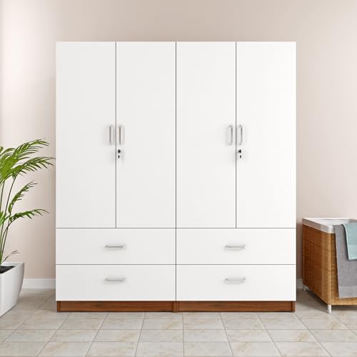 Image of VIKI Wardrobe |Wooden Almirah for 4 Door 4 Drawer with Shelves & Hanging Space Wardrobe (Walnut |White - 40D x 160W x 180.8H) | 1 Year Warranty | Free Assembly