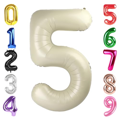 Image of 40 Inch Cream Number 5 Balloon Birthday Party Decorations for Men & Women | 40 Inch Cream inflatable foil number balloons, large birthday decorations for 5th birthday