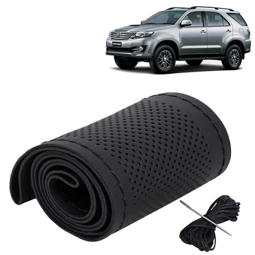 Image of KINGSWAY PU Leatherite Car Steering Cover Sewable Compatible with Toyota Fortuner (Year 2008-2017), Black Color with Black Thread, Pack of 1 with Sewing Needle and Thread