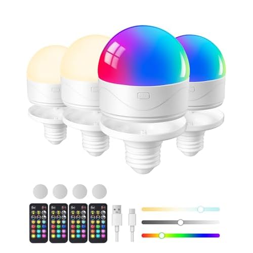 EDISHINE Rechargeable Light Bulbs with Remote Control, Dimmable 350LM 3000mAh Battery Operated Light Bulb, 2 Timer 12 Colors Selectable, Detachable LED Light Bulbs for Wall Sconces, Emergenc