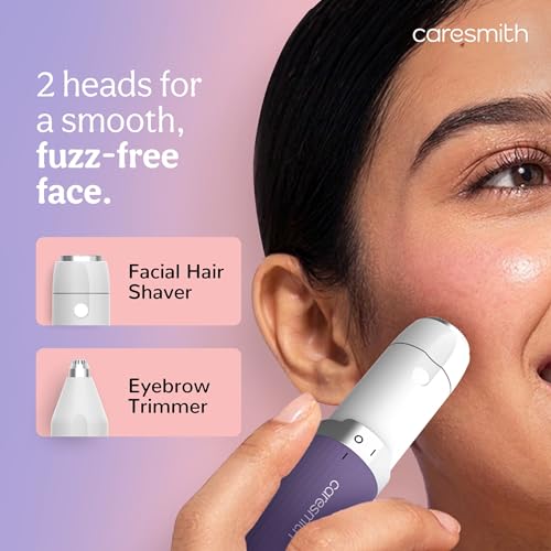 Image of Caresmith Bloom 2-in-1 Rechargeable Facial Hair Removal Machine & Eyebrow Trimmer for Women | Painless Electric Epilator with Smart Light | Facial Shaver for Upper Lips, Chin, Cheeks, Peach Fuzz