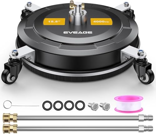 EVEAGE 15.5" Pressure Washer Surface Cleaner with 4Wheels, Stainless Steel Power Washer Accessory for Driveways Patios Cleaning, 1/4" Quick Connector & 2Extension Wand Attachments(15.5 in-Black)