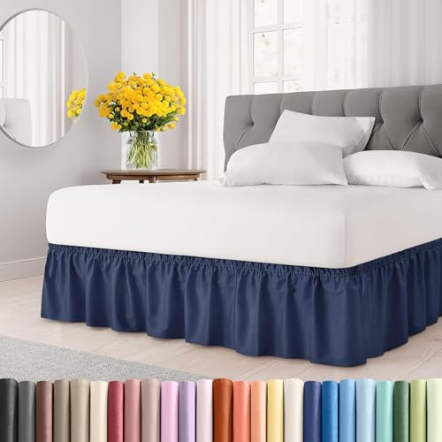 Image of Bed Skirt - Wrap Around Dust Ruffle Bed Frame Cover with Easy Fit Elastic Strap, Queen Size 15 Inch Drop, Microfiber Pleated, Machine Washable | Navy Blue